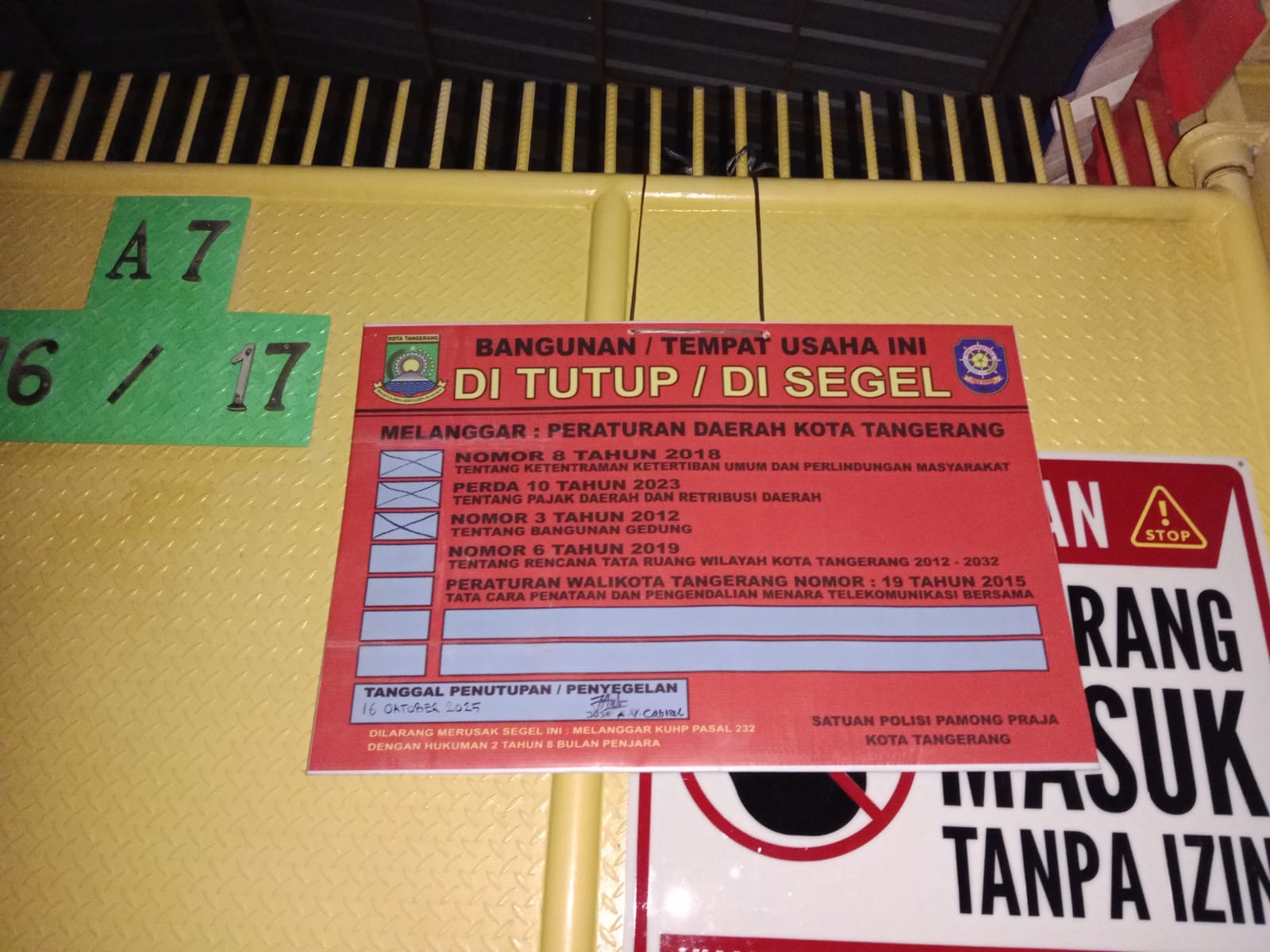 Gatra Sebut: Pencabutan Segel PT. Esa Jaya Putra Oleh Satpol PP Kota Tangerang Terkesan ada Kepentingan